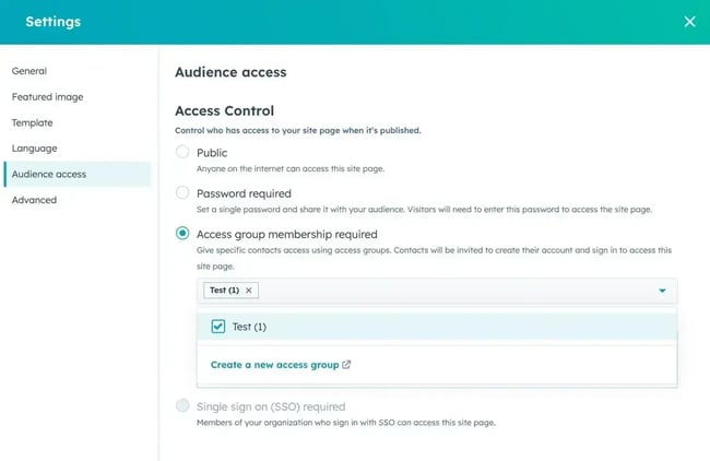 website with user accounts; screenshot of how to control access to specific groups using hubspot’s content hub